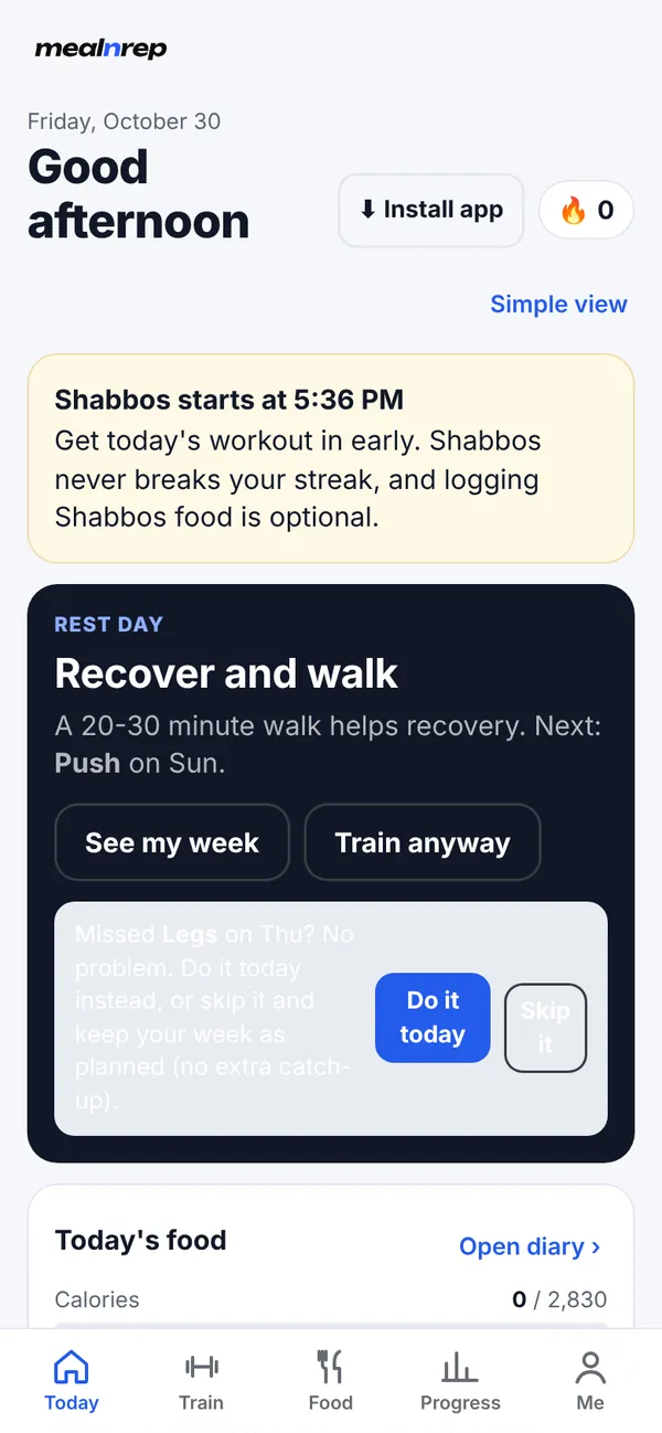 Friday afternoon screen showing Shabbos starts at 5:36 PM