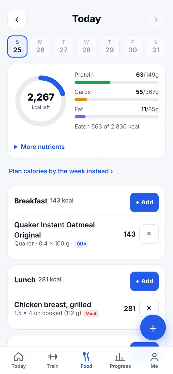 Food diary with meals, per-meal calories and daily calorie and macro totals