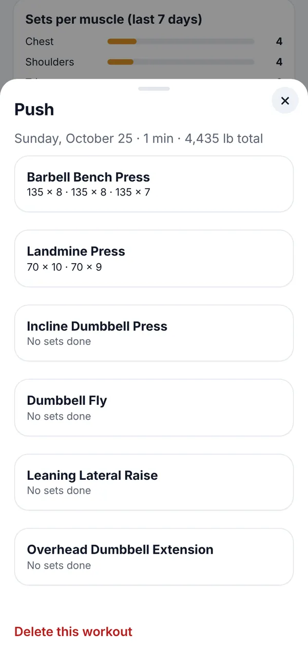 Workout history detail with each set listed