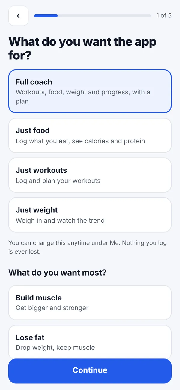 First onboarding step asking what you want Meal n Rep to help with
