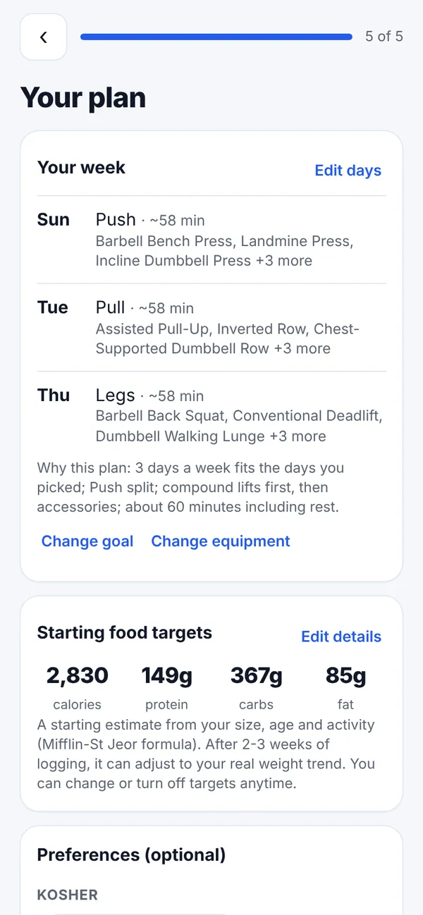 Onboarding result showing a Push, Pull, Legs plan on Sunday, Tuesday and Thursday, about 58 minutes each, with daily food targets