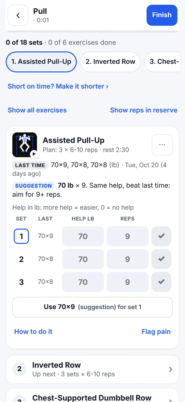 Workout screen showing the Pull workout with a Last time row (70 lb for 9, 8 and 8 reps) and a suggestion of 70 lb for 9 reps