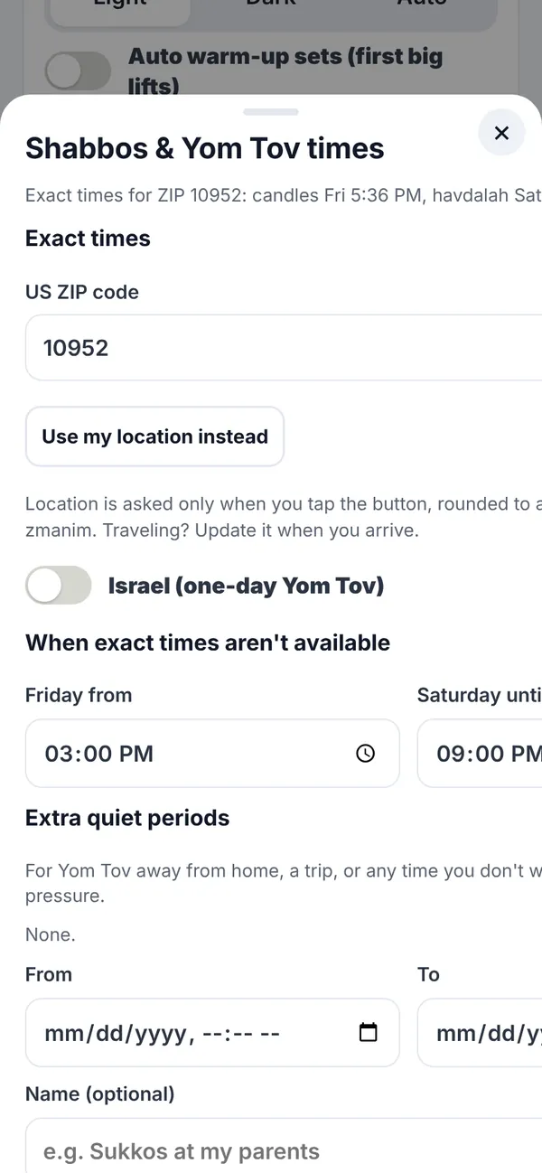 Settings sheet for Shabbos and Yom Tov with ZIP code, quiet window and extra quiet periods