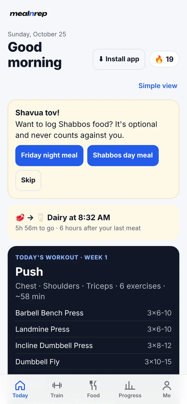 Today screen with workout, food, water and sleep