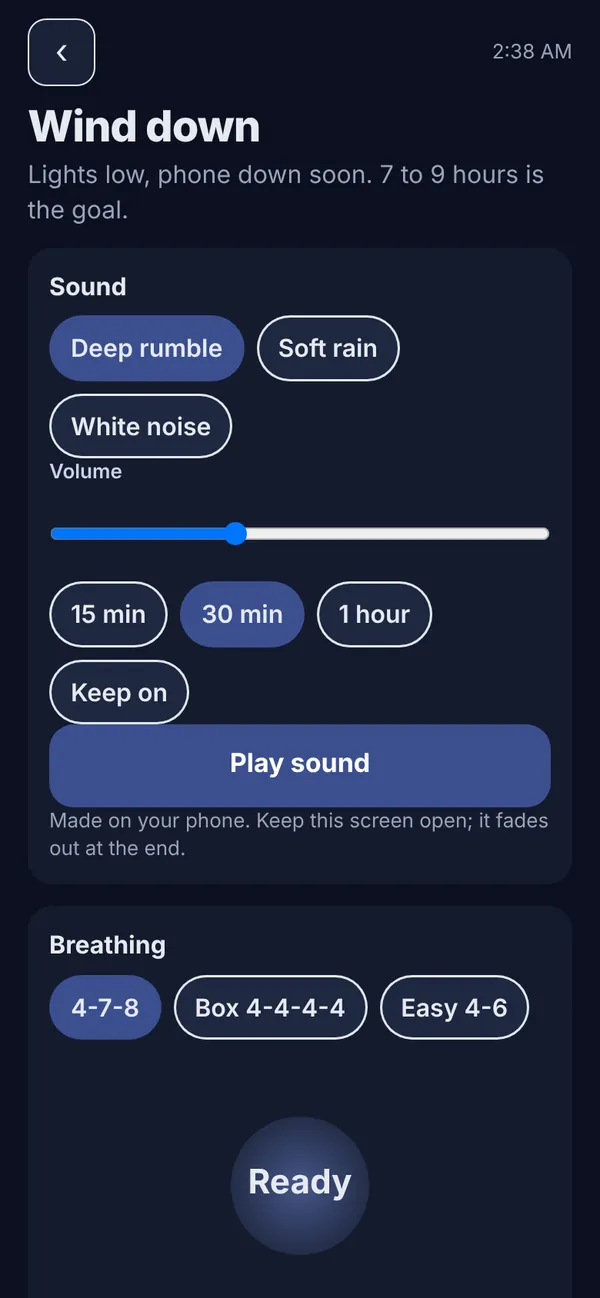 Wind-down screen with sound, breathing and sleep mode options